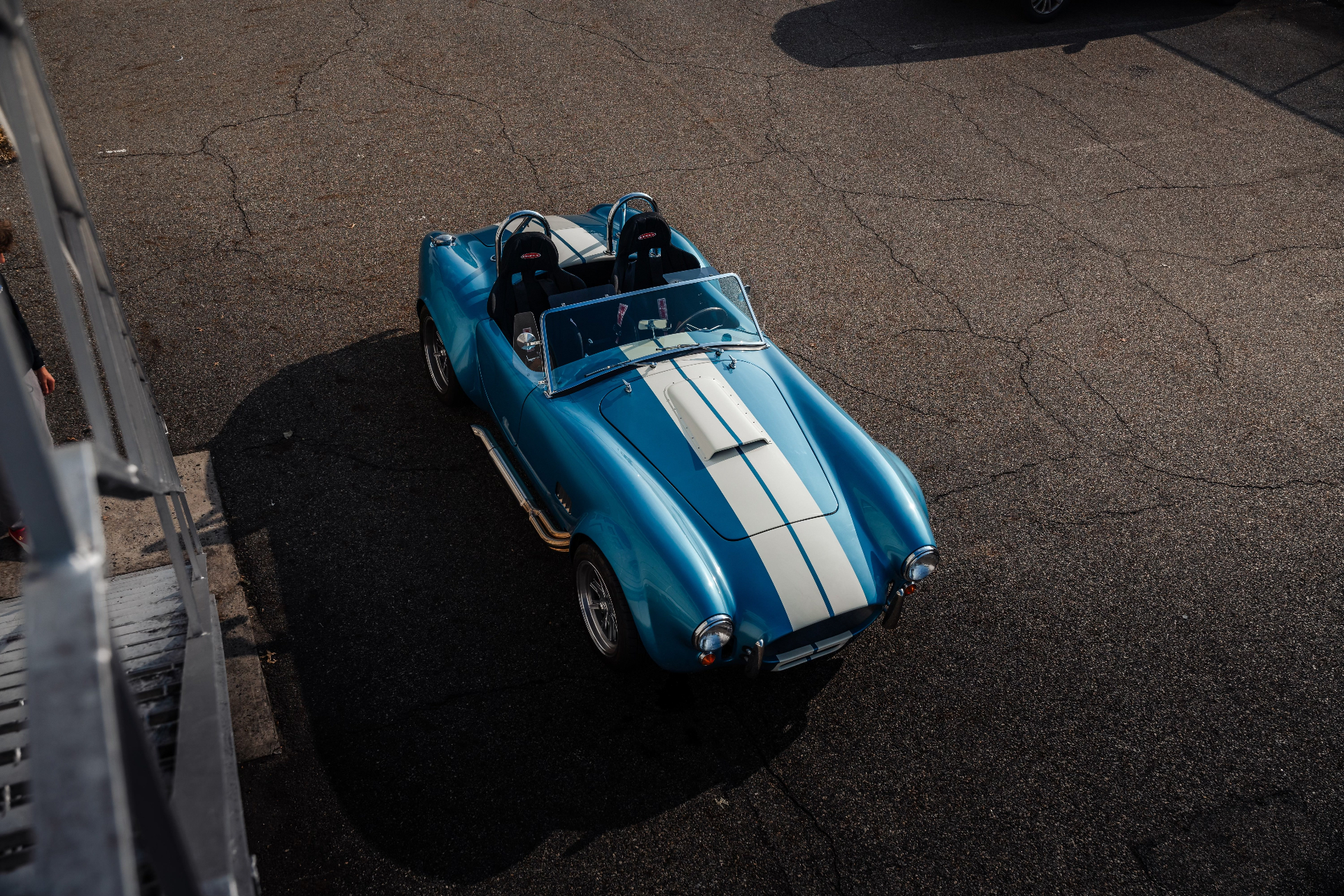 Factory Five Mk4 Roadster — blue Shelby Cobra replica with white racing stripes
